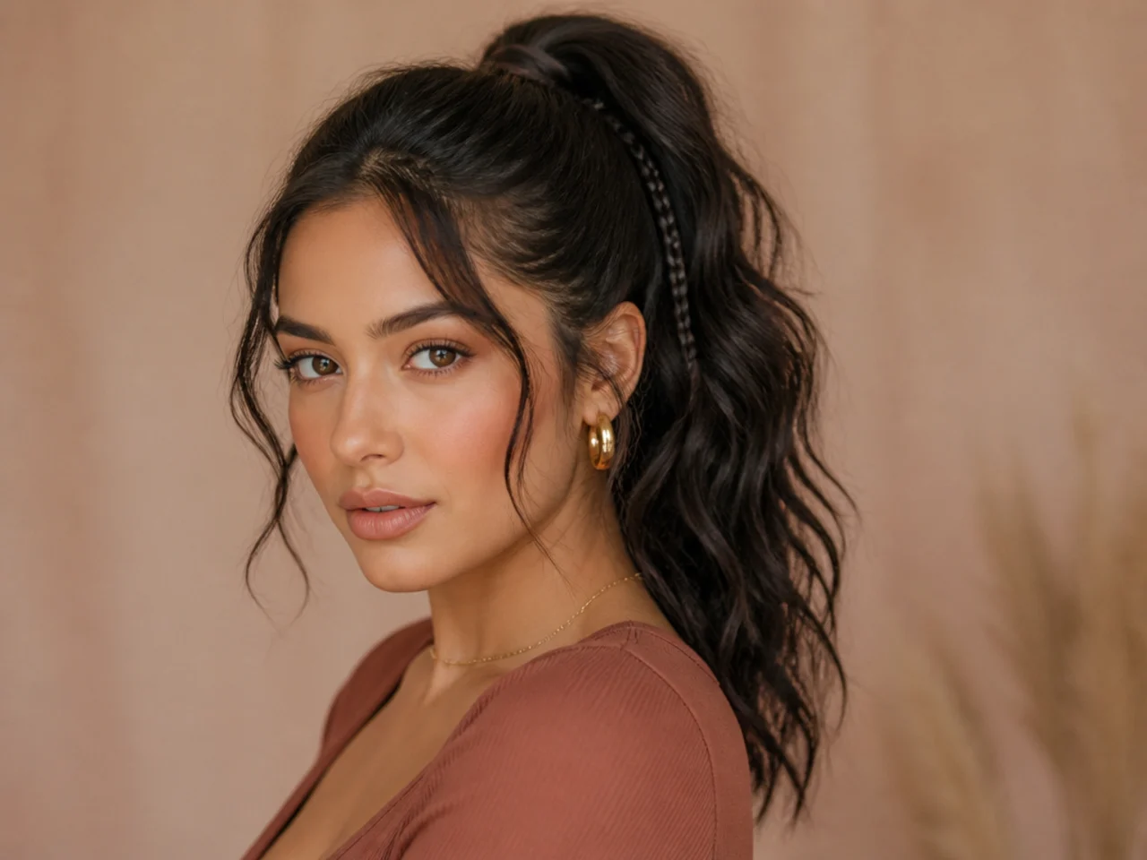 High ponytail with a single thin baby braid tucked into the tail on woman with dark wavy hair
