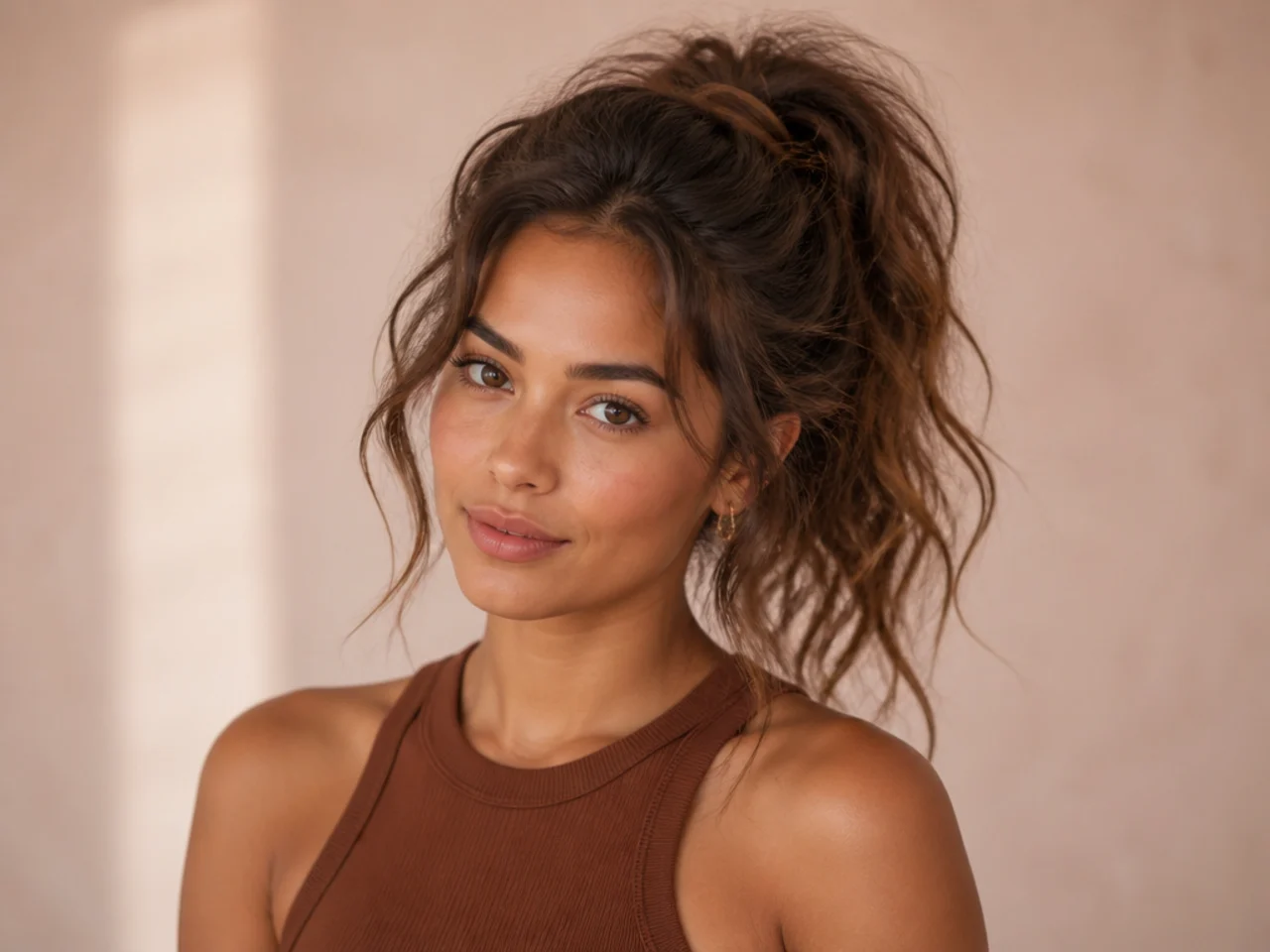 Messy high ponytail with soft flyaways and lived-in texture on woman with wavy hair