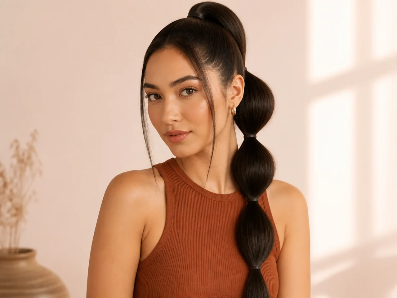 Bubble ponytail with three evenly spaced puffs down the length on woman with long straight hair