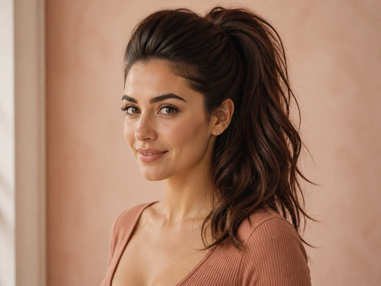 High ponytail with visible crown volume from backcombing on woman with brunette hair