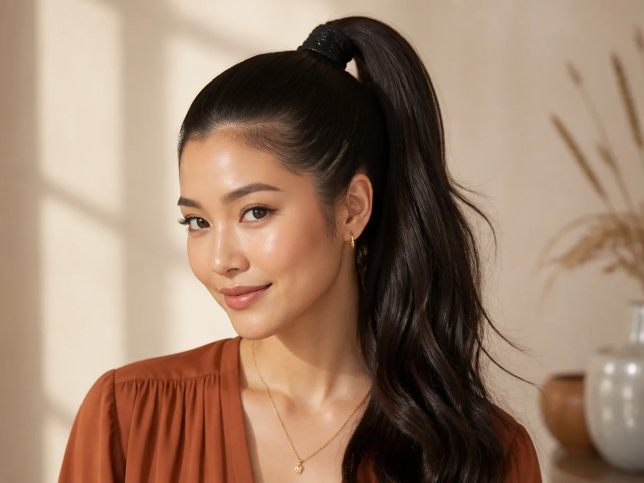 High ponytail secured with a bungee hair tie on Asian woman with long dark hair, showing tight base with no scalp pull