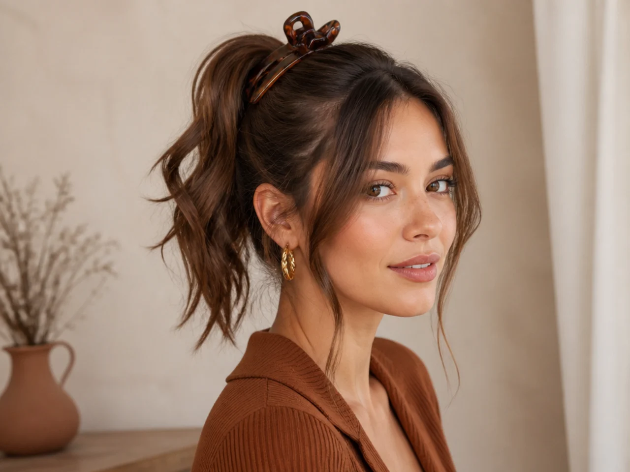 High ponytail secured with a claw clip instead of an elastic on woman with medium brown hair