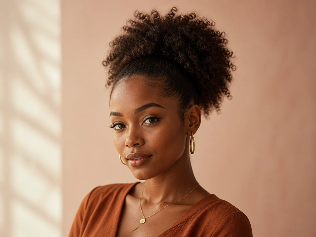 High curly puff ponytail on Black woman with defined natural texture and full volume in the tail