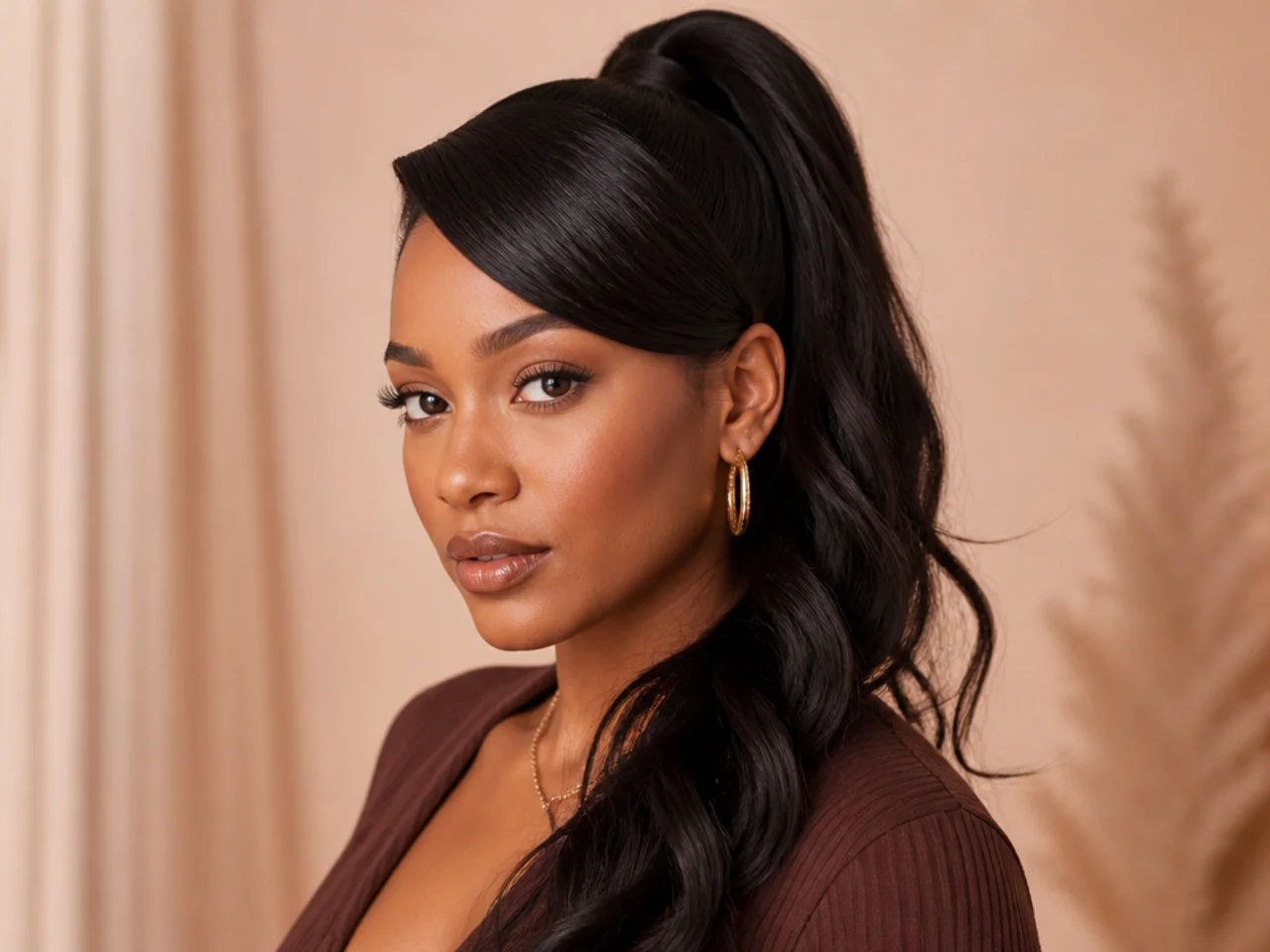 High ponytail with deep side part and swept front on Black woman with long dark hair