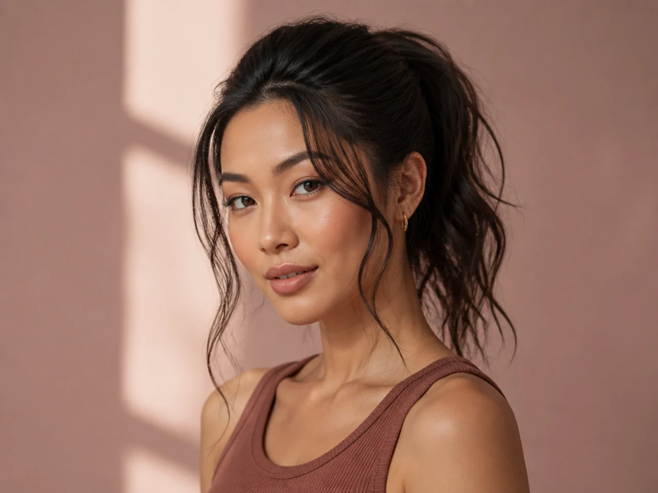 High ponytail with soft tendrils pulled loose at the temples on Asian woman with dark hair
