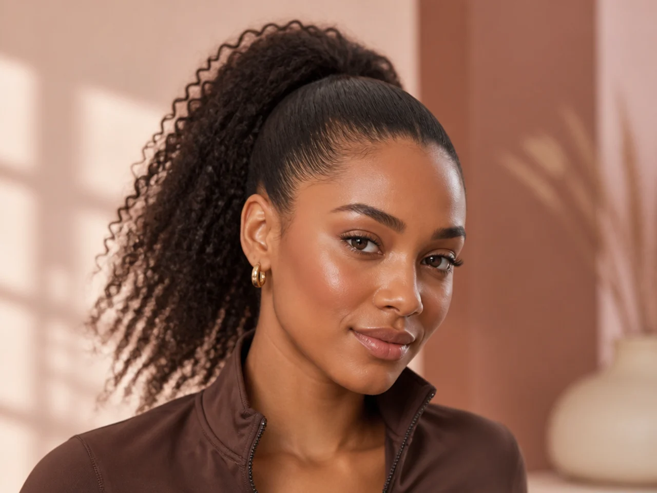 Sporty five-minute high ponytail on Black woman with clean brushed-up base and natural texture in the tail