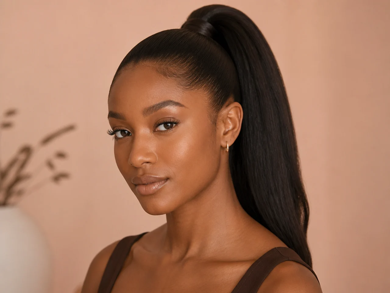 High ponytail with no visible elastic on Black woman with sleek dark hair, showing seamless base