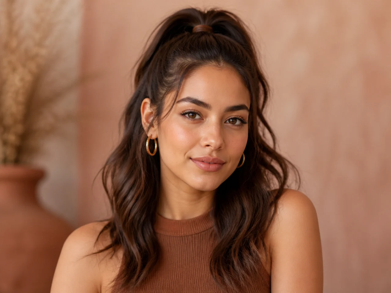 High half-up ponytail with top section pulled up and length flowing loose in the back on Latina woman