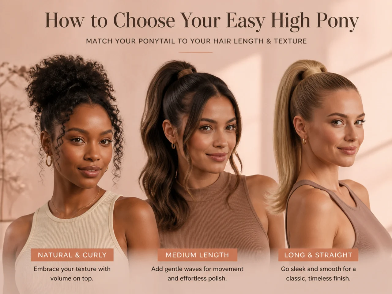 Three women with different face shapes wearing high ponytails, showing how placement varies with proportion