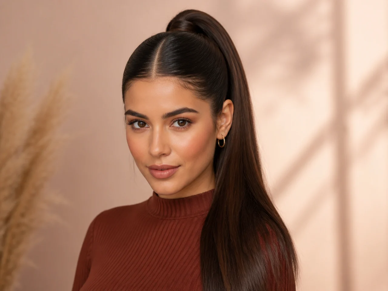 Center-parted high ponytail on woman with long straight brunette hair