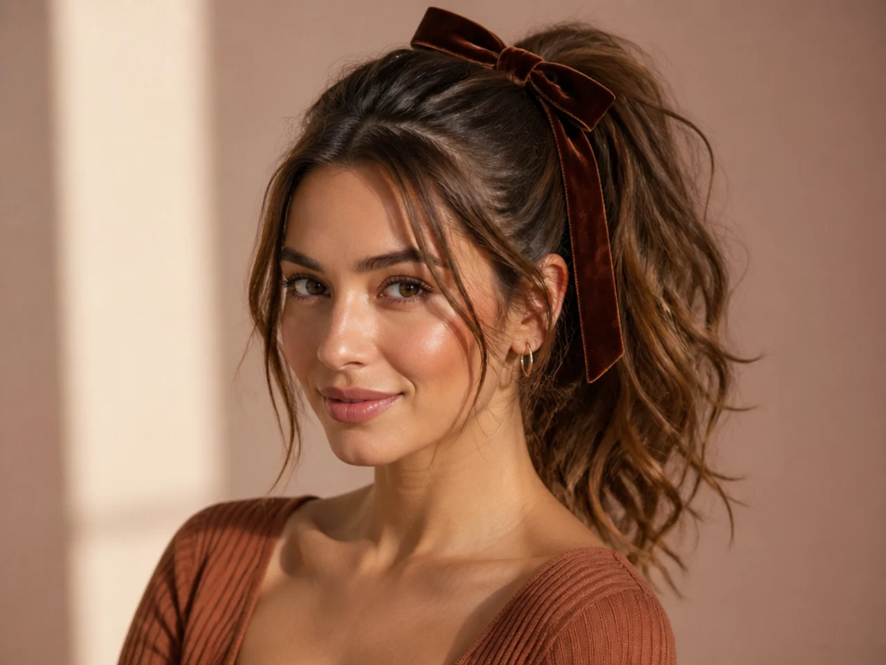 High ponytail with a velvet ribbon tied in a bow around the base on woman with soft brown hair