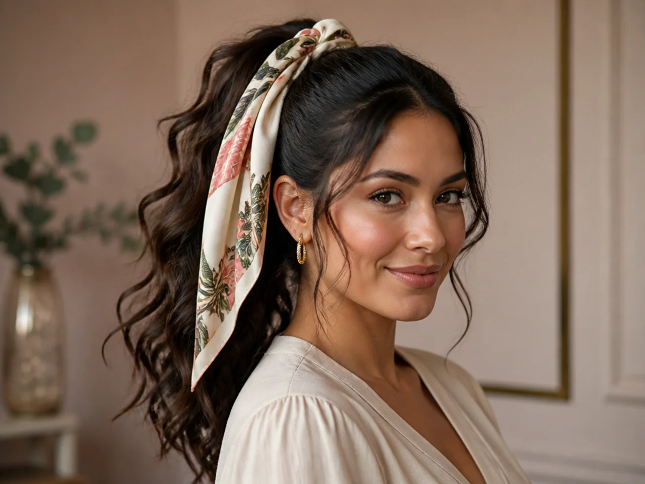 High ponytail tied with a printed silk scarf on Latina woman with dark wavy hair
