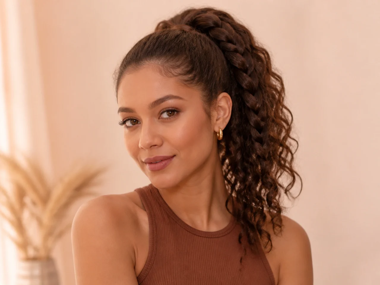 High ponytail with a single loose three-strand braid down the length on curly-haired woman