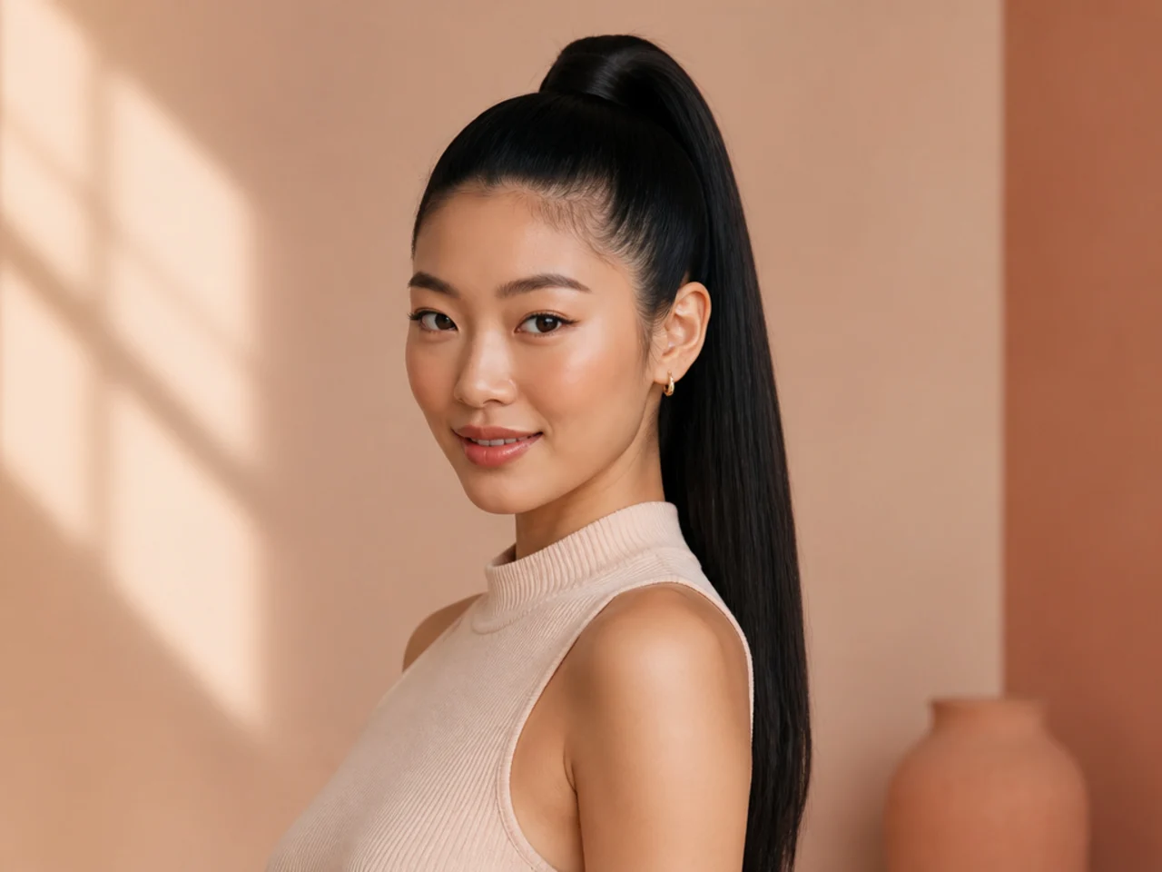 Perfectly straight high ponytail on Asian woman with long jet-black hair