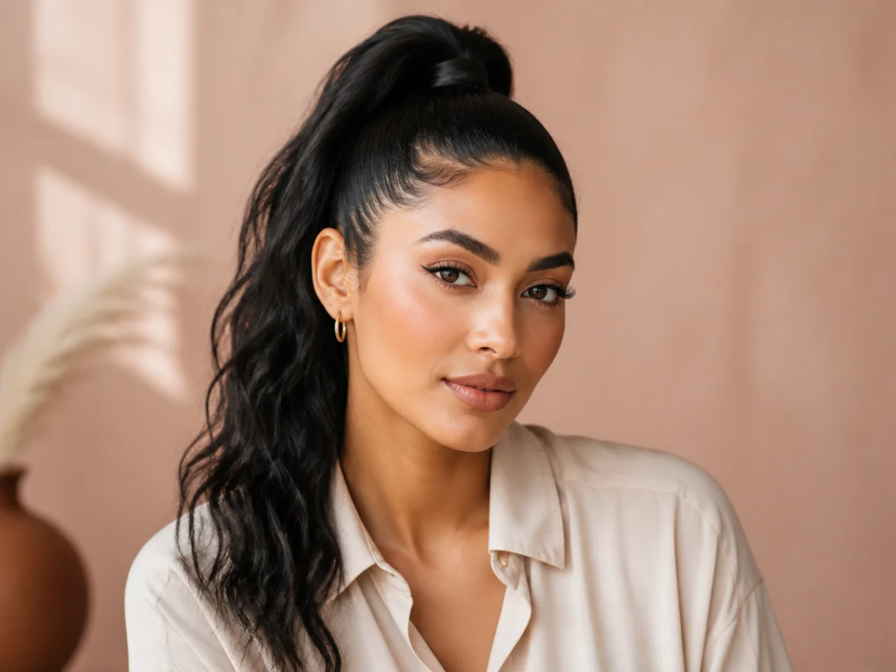Woman refreshing her high ponytail at a bathroom mirror with dry shampoo and a boar bristle brush