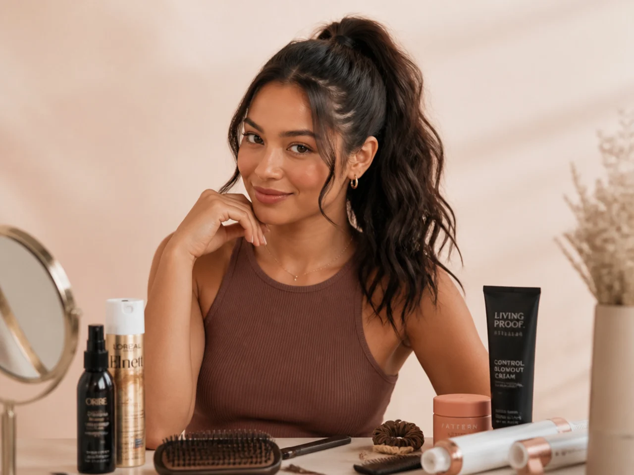 Flat lay of ponytail styling tools including boar bristle brush, no-crease elastics, silk scrunchie, dry shampoo, and bobby pins