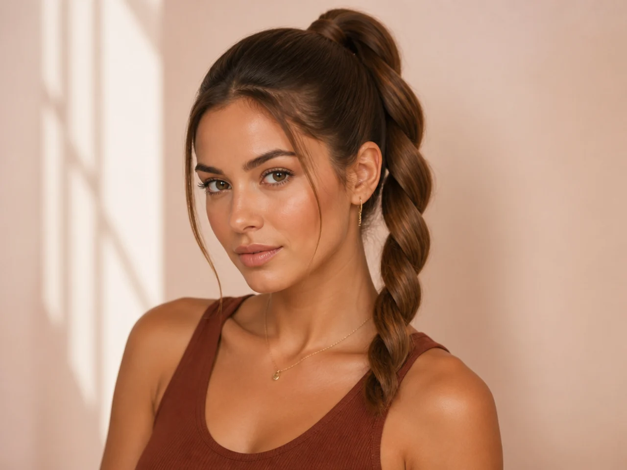 Twisted rope high ponytail with two sections wound together on woman with medium brown hair