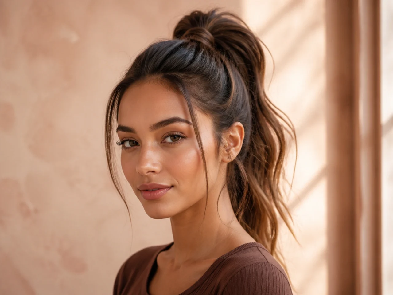 Easy high ponytail hairstyle on brunette woman, brushed up to the crown with a smooth base and soft length in the tail