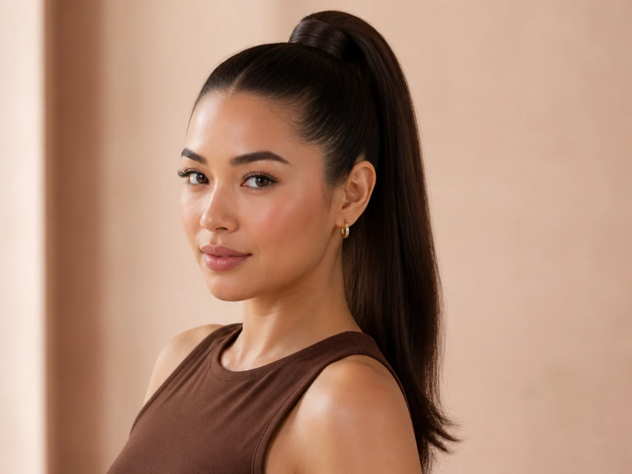 High ponytail with hair wrapped around the base hiding the elastic on woman with sleek dark hair