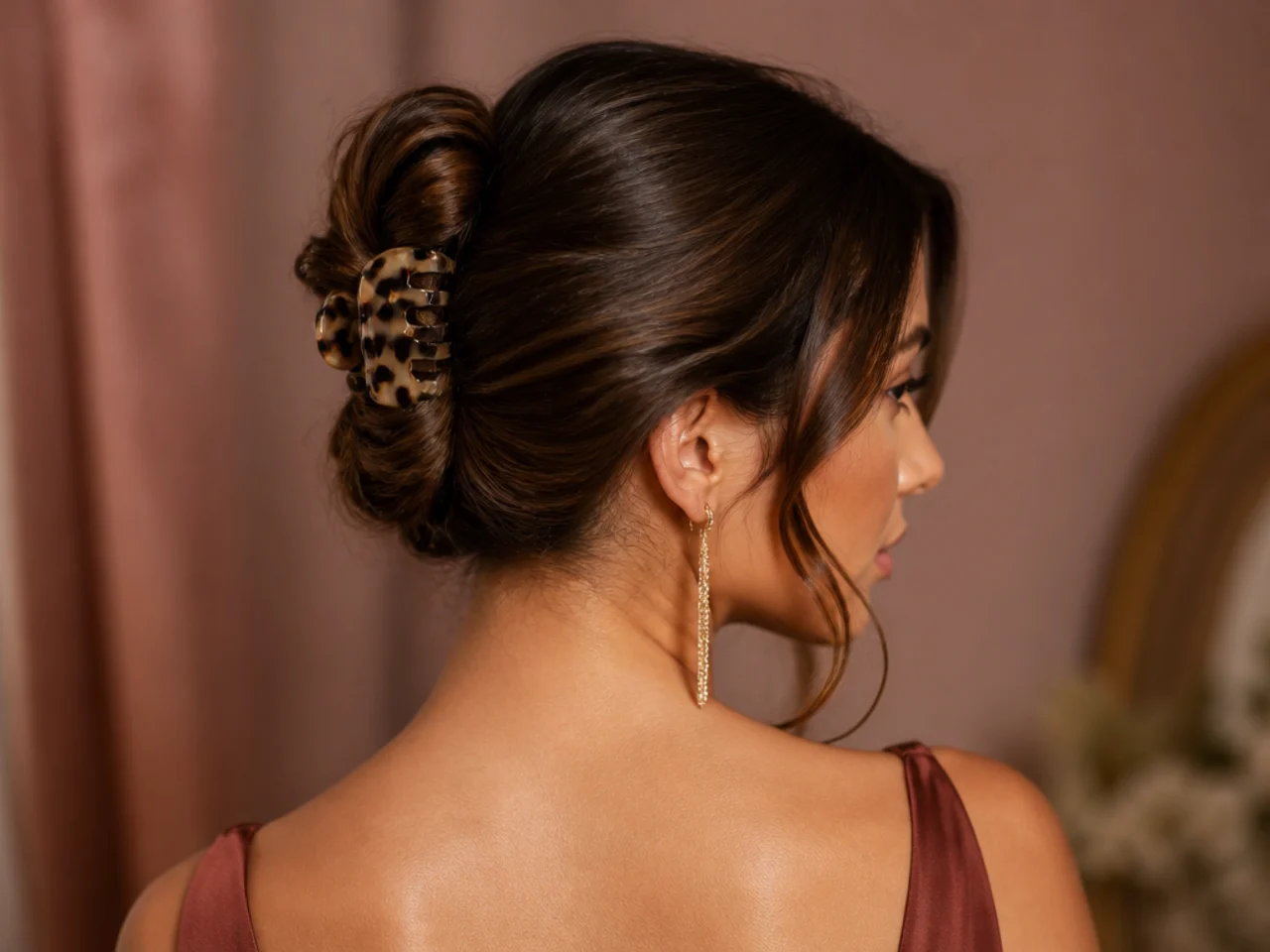 Low chignon held with a claw clip