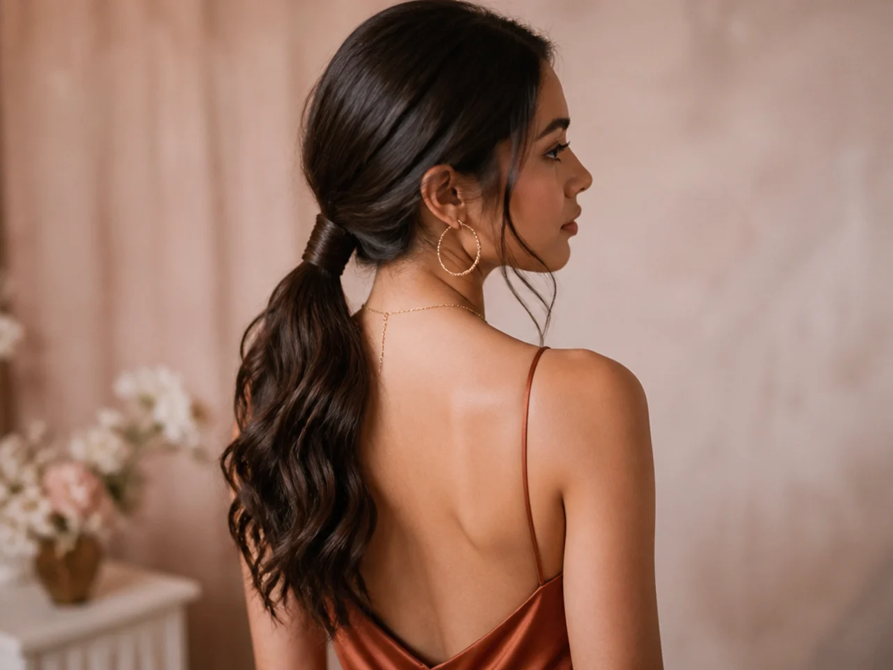Low ponytail with hair wrapped over the elastic