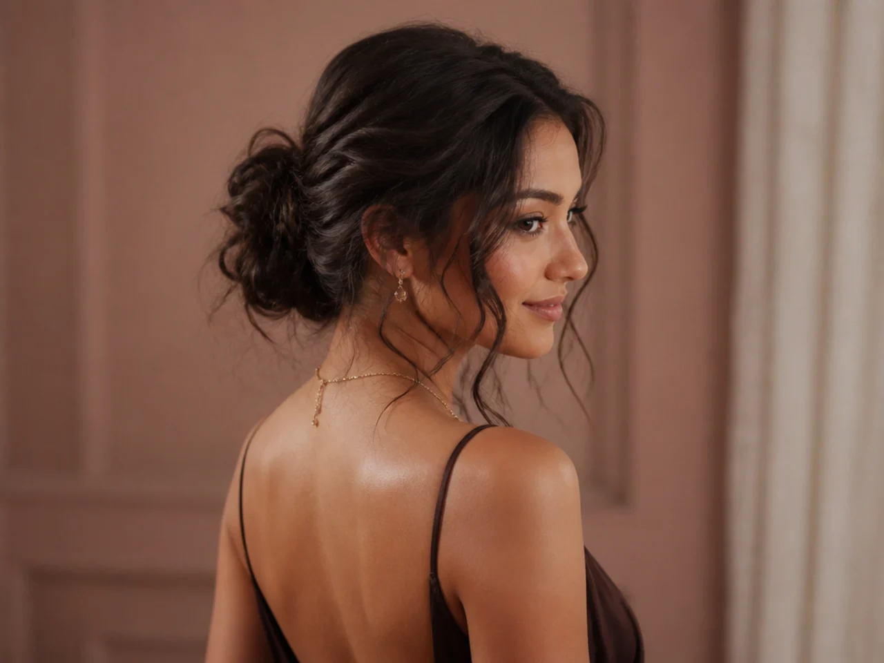 Messy bun with loose tendrils released