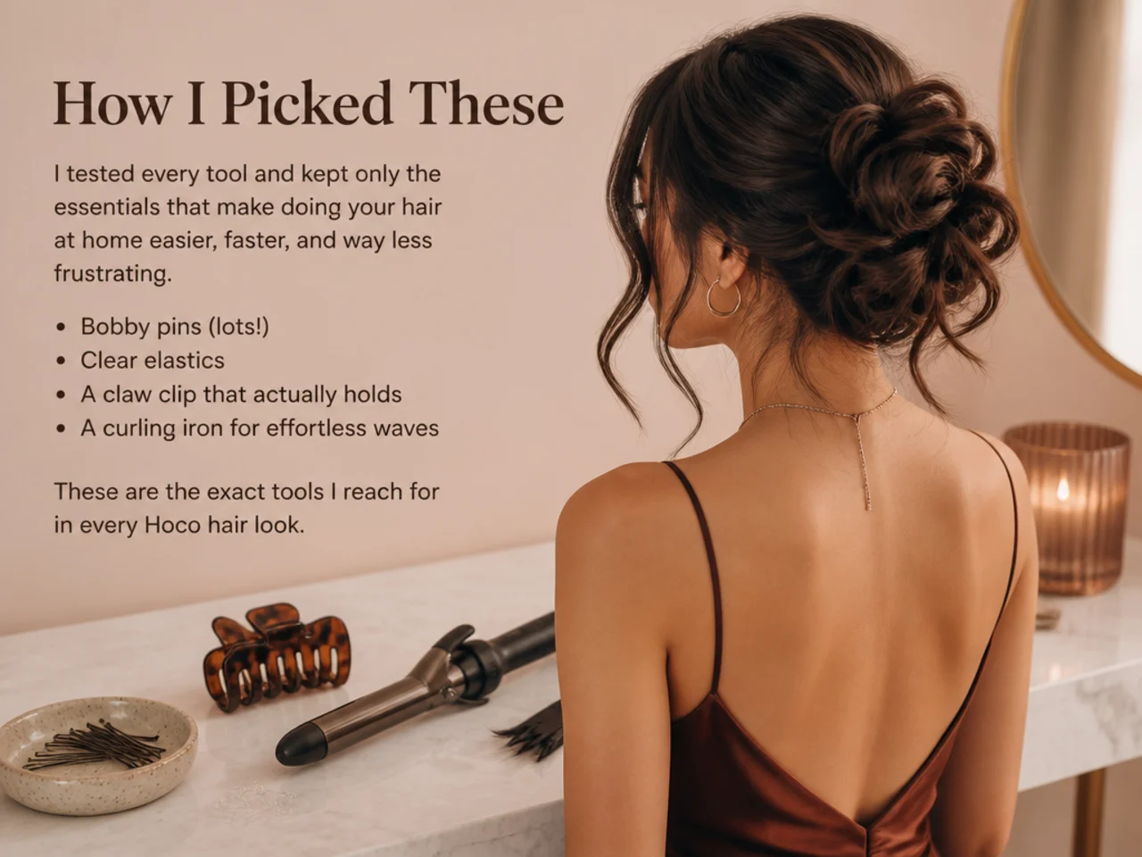 The full toolkit — pins, clear elastics, a claw clip and one curling iron