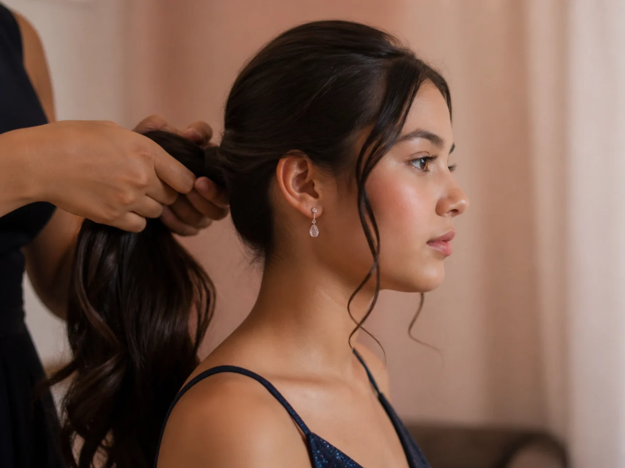 Hair being gathered with the chin held level