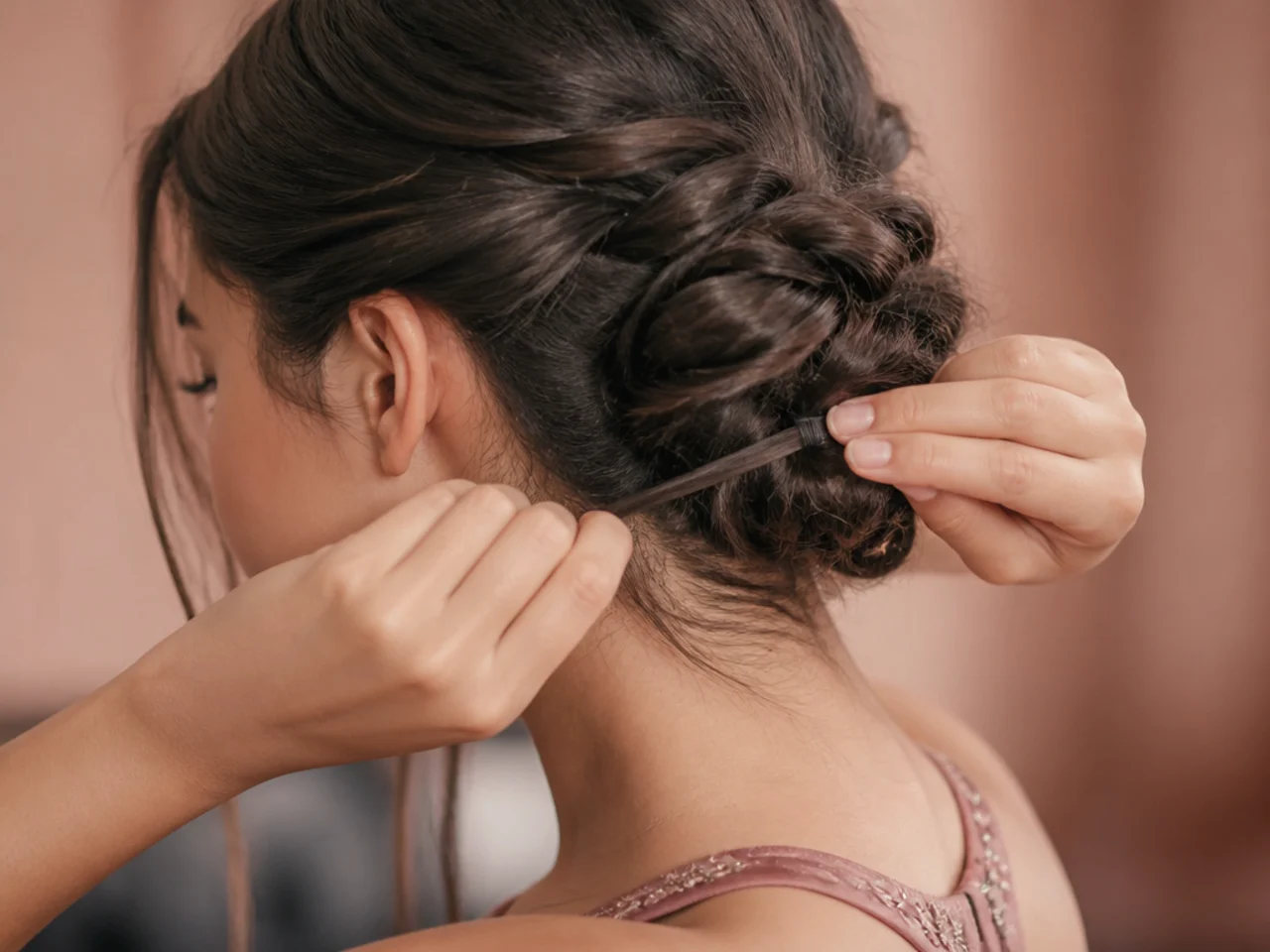 A strand of hair being wound over an elastic to hide it