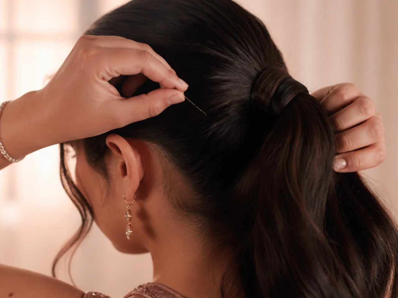 A bobby pin being pushed up into the base of a wrapped elastic