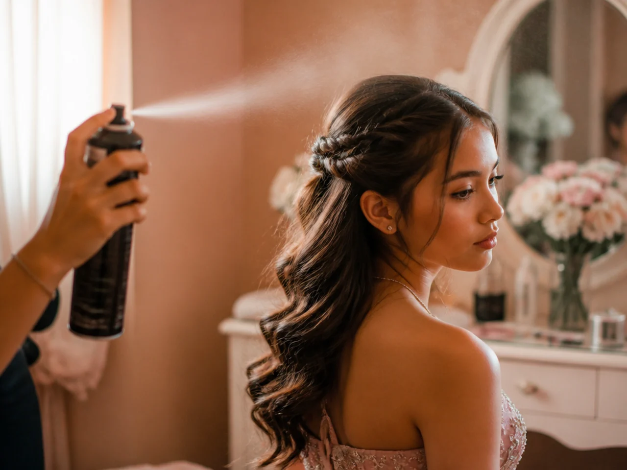 Hairspray being applied in a light pass from a distance