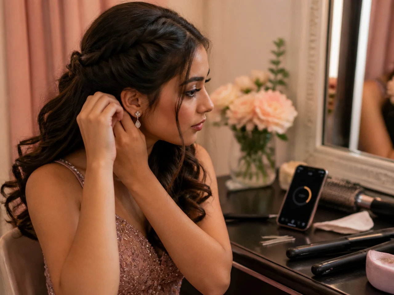A phone timer counting down beside styling tools