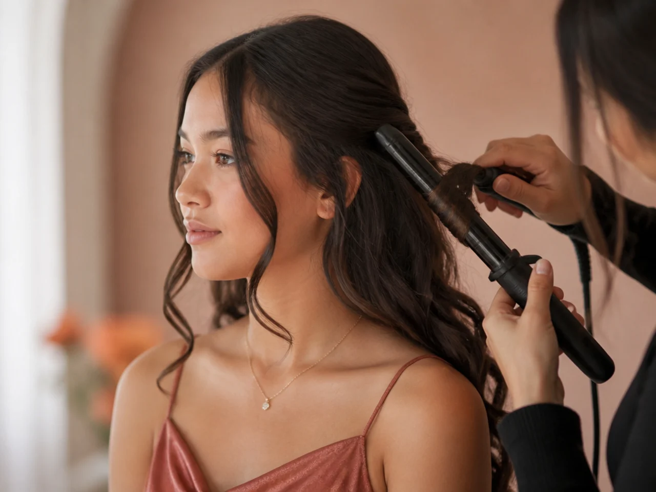 Sections being curled away from the face with a wand