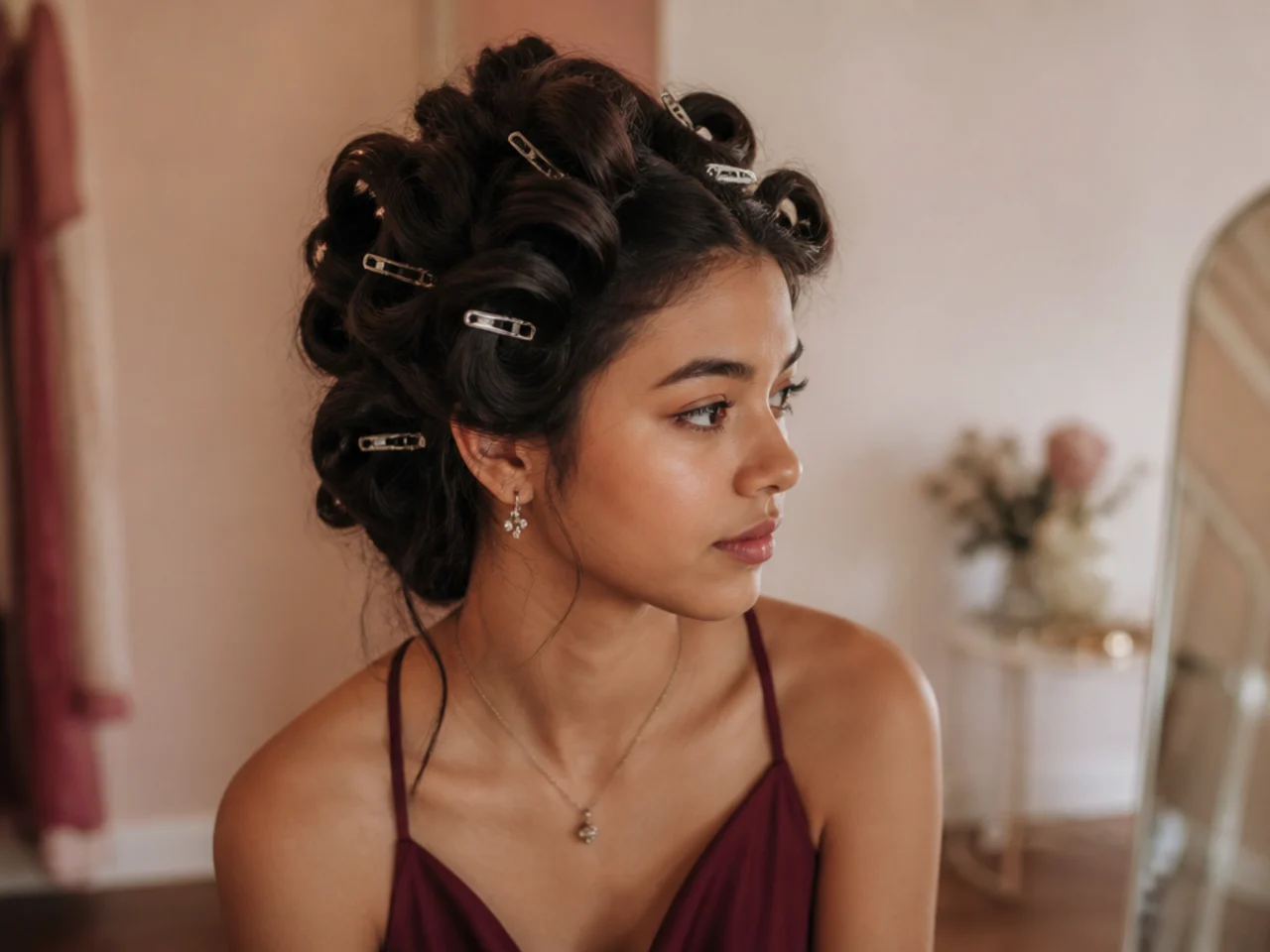 Pinned curls cooling while makeup is finished