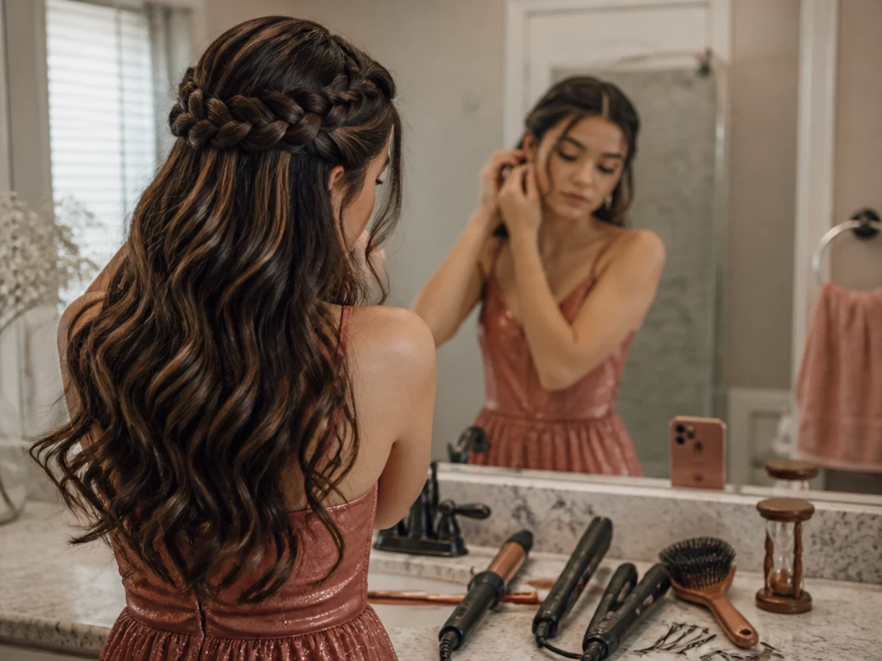A timer and styling tools laid out on a bathroom counter