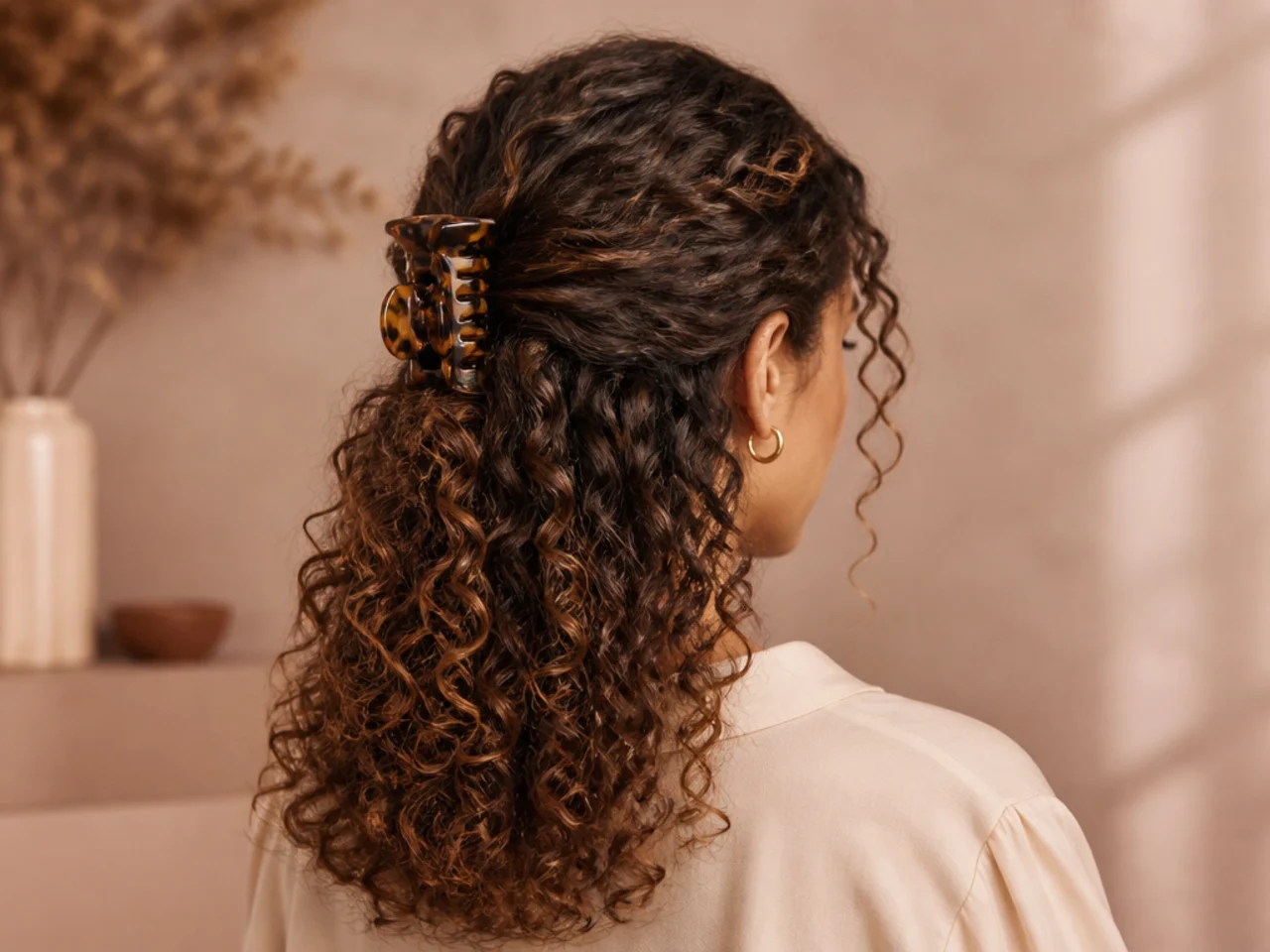 A curly half-up held with a claw clip