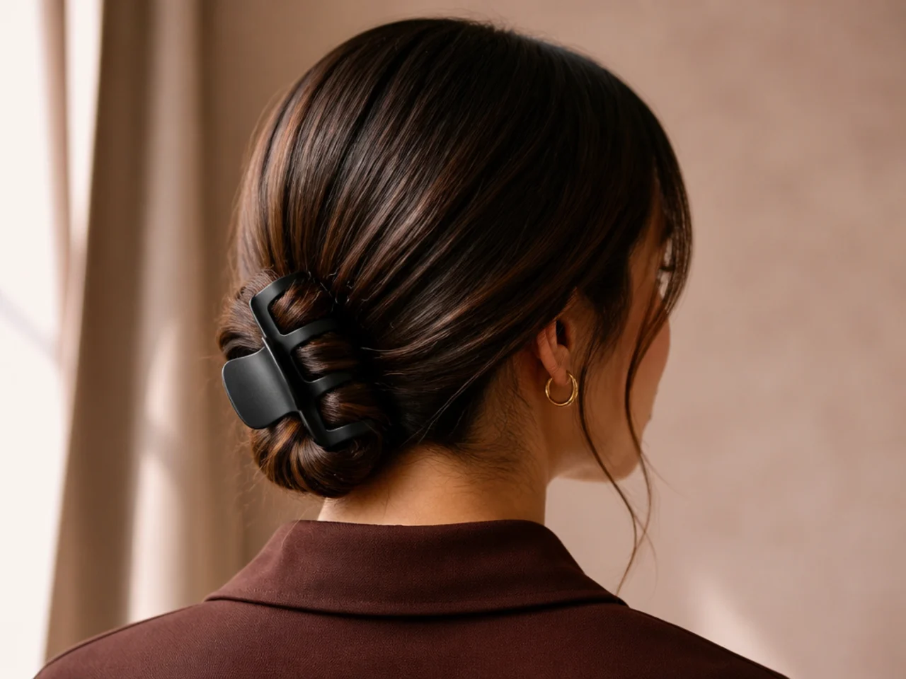 A matte black claw clip in a low style