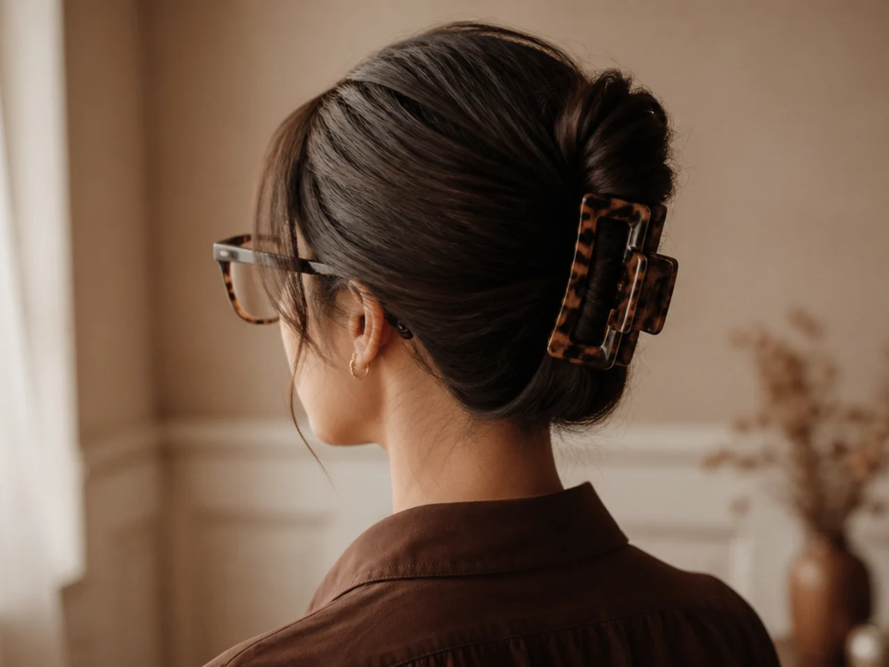 A low clipped twist worn with glasses