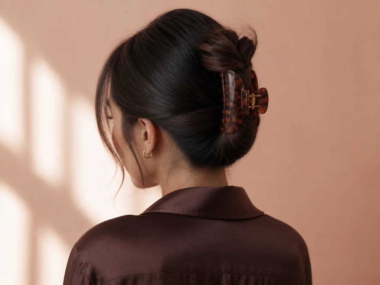 A folded low ponytail secured with a clip