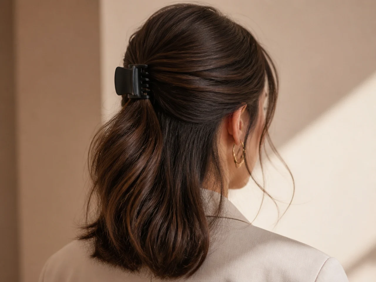 A half-up with a plain dark claw clip