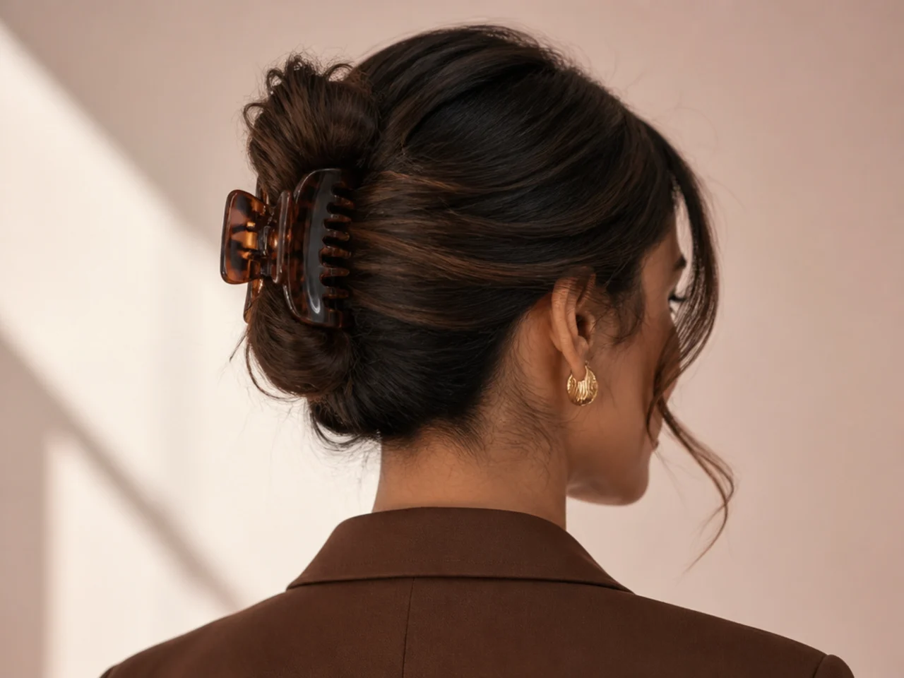 Three-quarter view of a professional clipped chignon