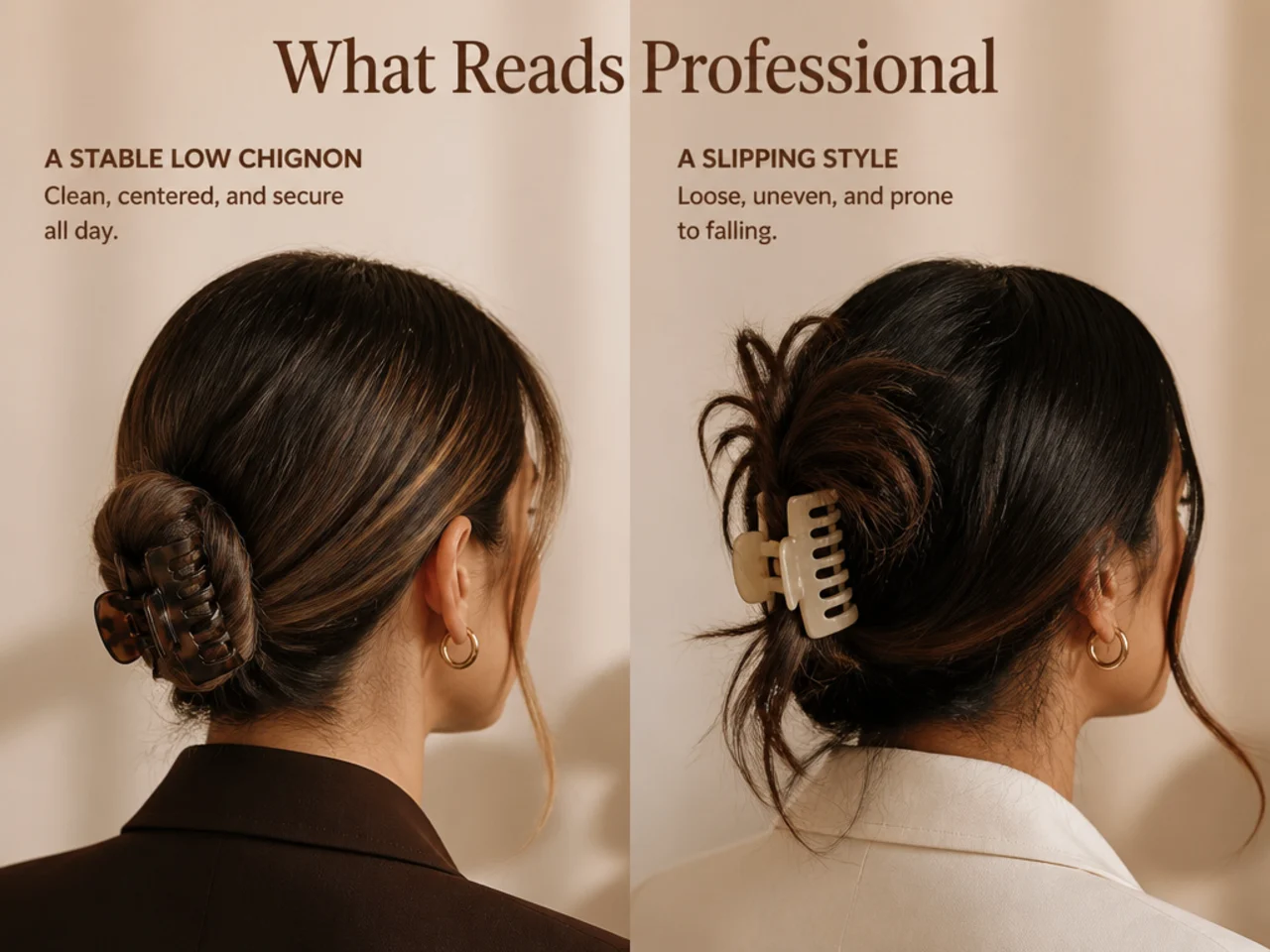 A stable low chignon beside a visibly slipping style