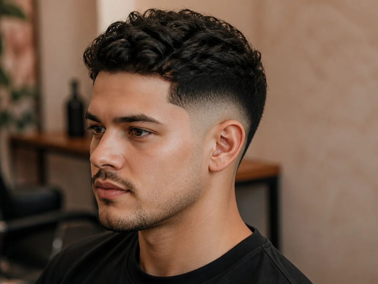 A drop fade curving behind the ear