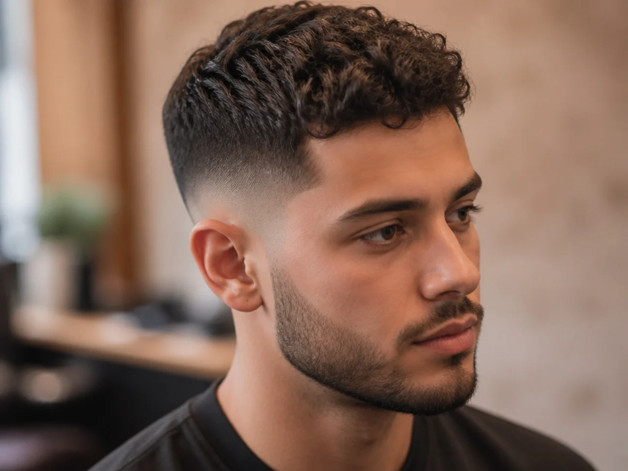 Three-quarter view of a fade haircut