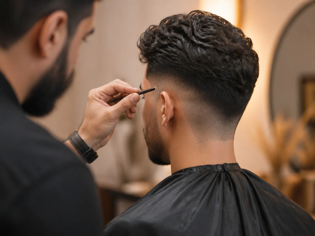 A barber marking fade height on a client's temple