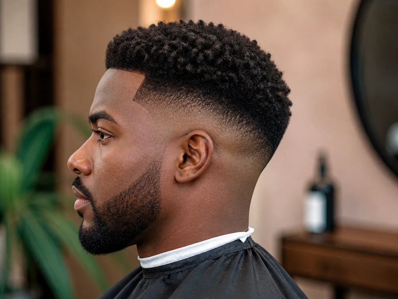 Short Afro Curls with Low Skin Fade