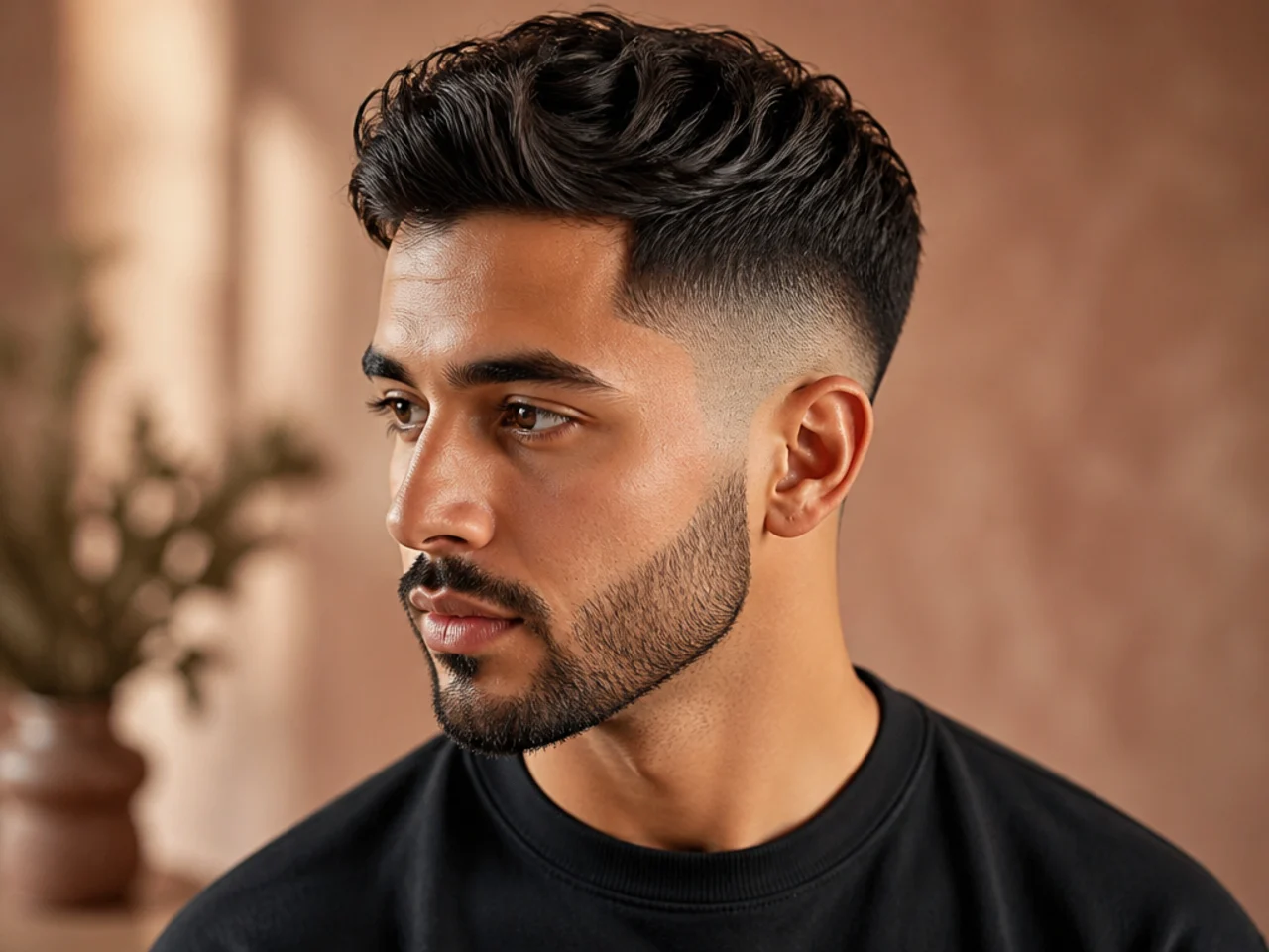 Three-quarter view of a fade haircut