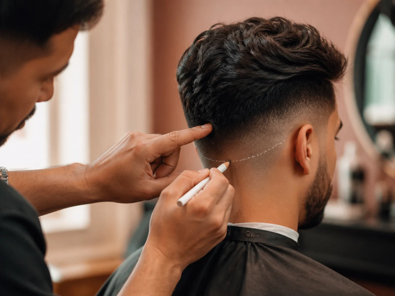 A barber marking fade height and path on a client's head