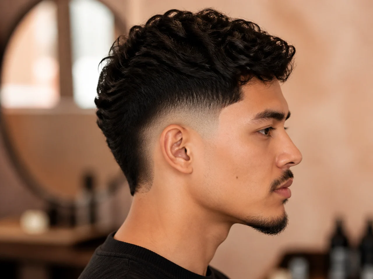 Burst fade curving in a semicircle around the ear with a mohawk strip up top