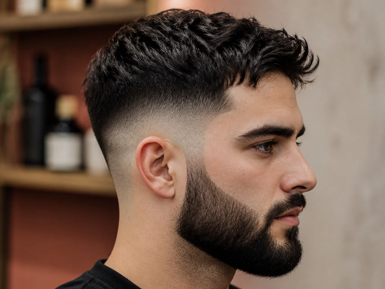 Fade cleanly connecting into a short groomed beard along the jawline